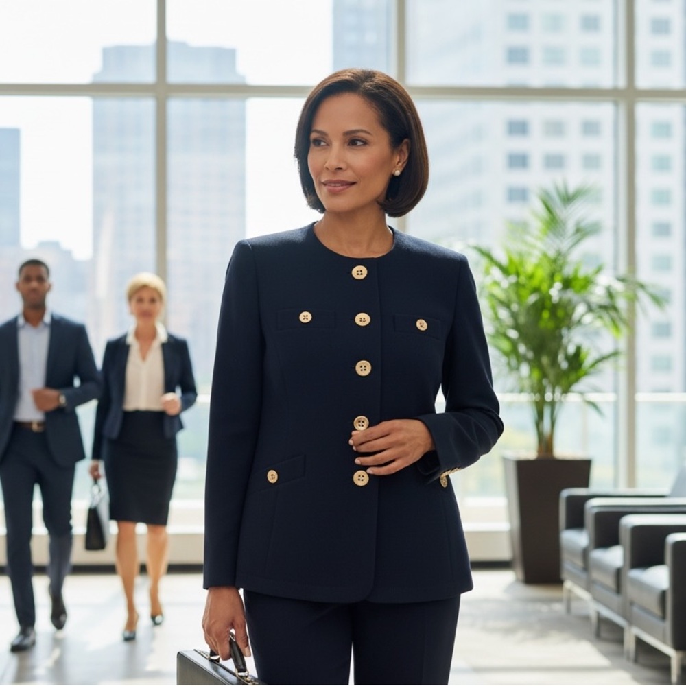 Navy Kasper Pant Suit-Double Breasted Jacket with Gold Buttons